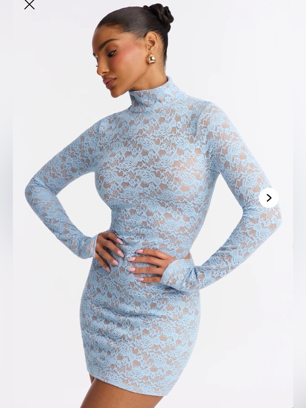 Sheer Lace Long-Sleeve Bodysuit in Light Blue